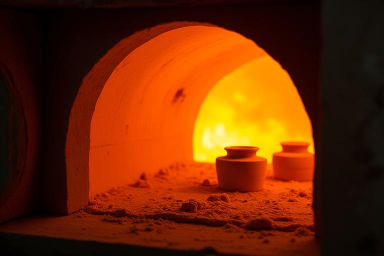 Kerámia kemence tüzelés közben, sárga fénnyel világítva